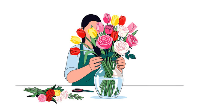 Female florist arranging a beautiful bouquet of colorful tulips and roses in a glass vase.
