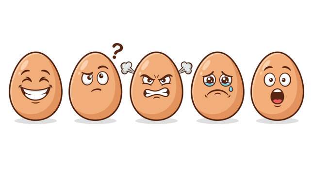 Set of funny brown egg cartoon characters with different facial expressions showing happy, confused, angry, sad, and surprised emotions