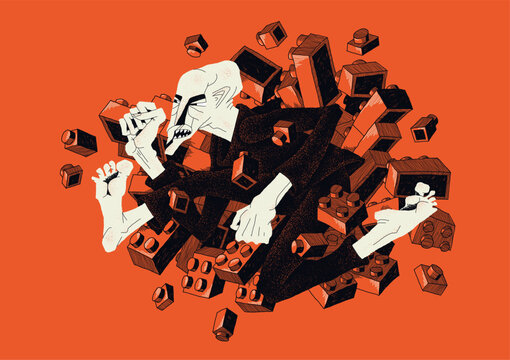 Vector illustration of rebellion and nonconformism. Aggressive man destroying a symbolic social structure. Concept of protest, revolution, resistance, anger and rejection of social norms.