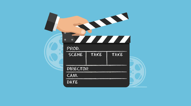 Hand holding a movie clapperboard on blue background, film production and cinema concept illustration
