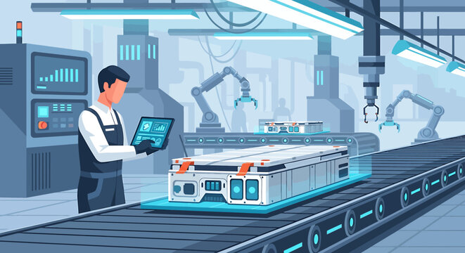 Industrial engineer monitoring electric vehicle battery assembly line with tablet in automated factory illustration.