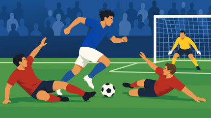 Naklejka premium Dynamic soccer vector illustration of young striker sprinting downfield dribbling ball past sliding defenders toward goal, stadium crowd, goalkeeper ready, intense football action and victory moment