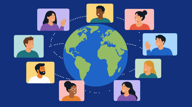 Global virtual meeting vector illustration with diverse remote coworkers on floating video screens orbiting Earth, online conference network, digital communication, telework and worldwide teamwork