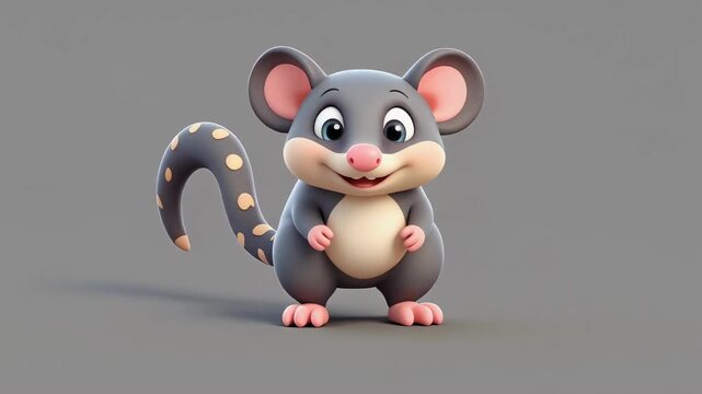 Cute 3D possum character standing alert with curious expression in studio lighting