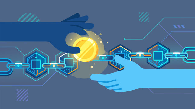 Hands pass a glowing digital coin across a secure chain of linked blockchain blocks, sleek vector fintech concept for cryptocurrency transactions, encrypted trust, decentralized finance and value
