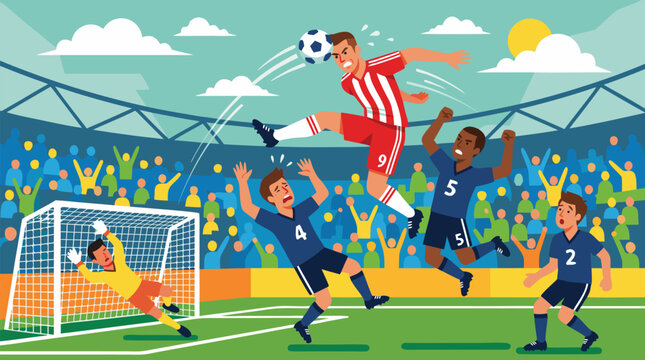 Dynamic soccer striker leaping for a powerful header above defenders as goalkeeper dives in packed stadium, energetic vector sports illustration for tournament, goal and team competition