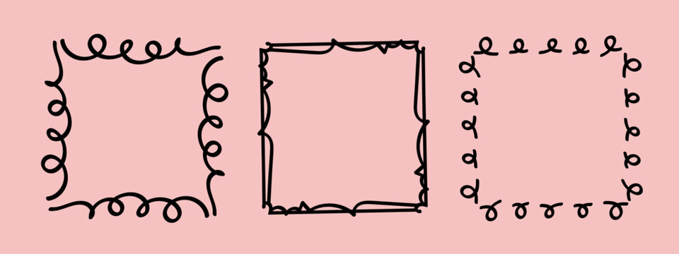 Square doodle frame stamp, hand-drawn wavy curly engagement monograms. Edgings and cadres with simple sketchy scribble swirl design photo decoration old-fashioned greeting elements. Isolated. Vector