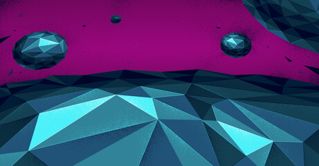 Abstract planet terrain with satellites flying around vector illustration, sci-fi space art, unknown distant planet panorama wallpaper, low poly design. © Sylverarts