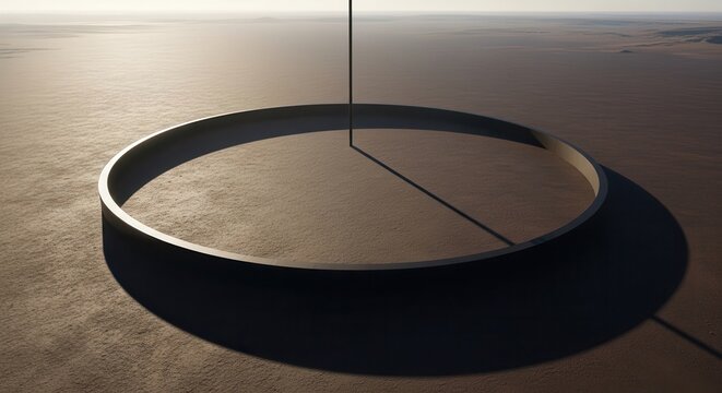 A large circular object lies on the ground in a vast landscape.