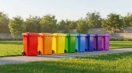 Naklejka premium Row of colorful plastic waste bins standing on a path in a green park during a sunny summer day. rainbow trash cans
