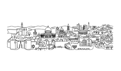 Fototapeta premium Jerusalem skyline panorama one line vector illustration with historic landmarks for travel poster wall art