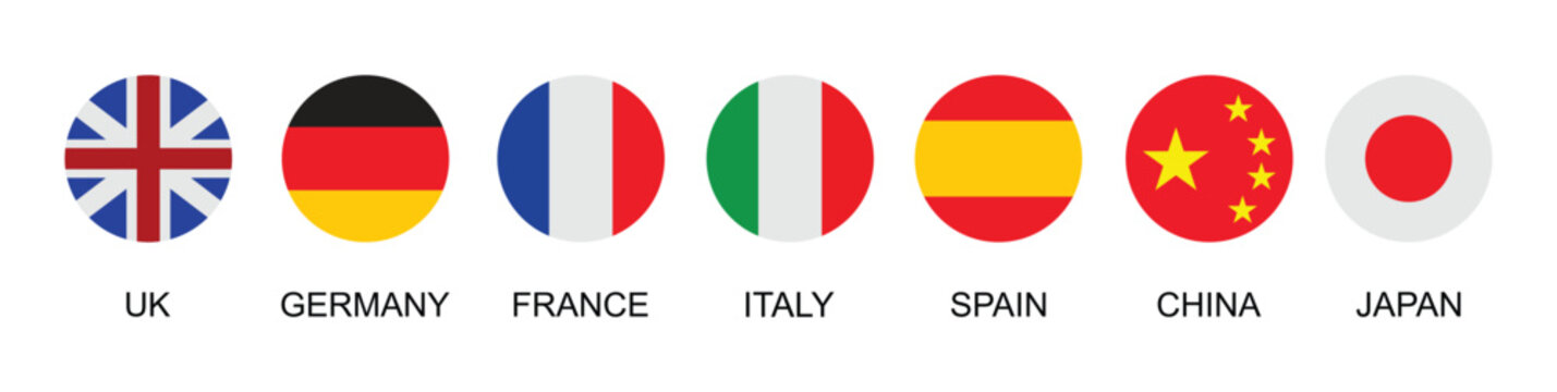 round flag icons set vector, united kingdom germany france italy spain china and japan circular national flags isolated on white background