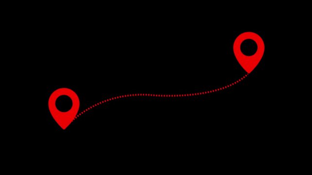 Route planning animation featuring red location pin markers connected by dotted path line icon