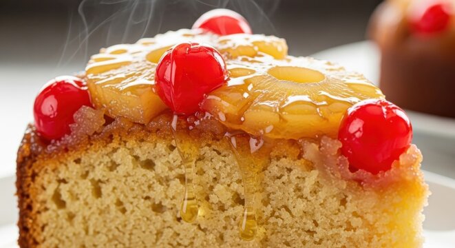Delicious pineapple upside-down cake with caramelized cherries on top served on plate