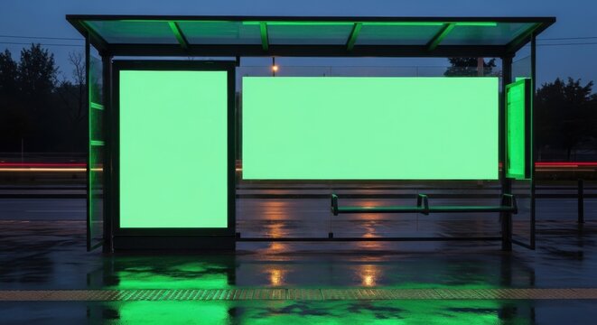 A bus stop shelter with green screens stands alone at night.