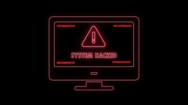 Neon system hacked warning on computer monitor screen with red glow and random numbers motion