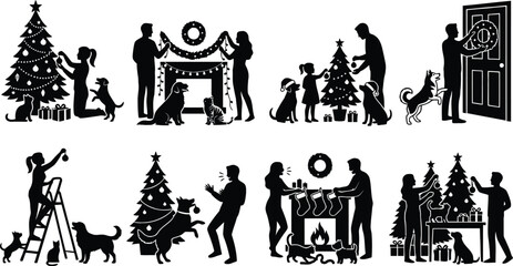 Obraz premium Family decorating christmas tree with pets