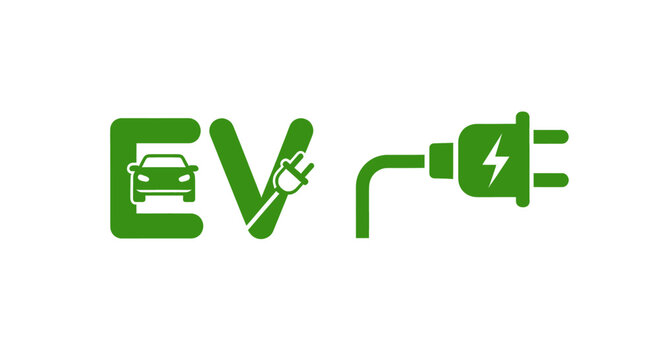 Green EV logo with car and plug icons, alongside a separate electric charging plug symbol, representing electric vehicles and sustainable transport.