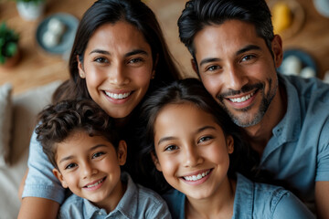 Fototapeta premium Family Portrait Mom, Dad and kid, Woman, man and child Hugging in Living Room at Home AI Generative
