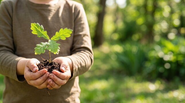 Caucasian boy holding oak sapling for regenerative forestry, youth environmental activism and climate hope concept