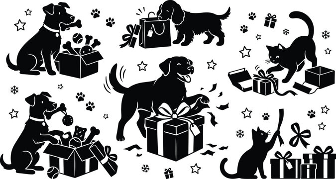 Happy pets celebrating with holiday gifts