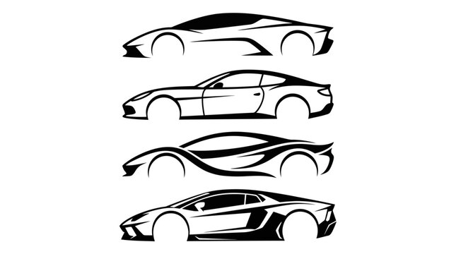 Set of four different modern luxury sports car silhouettes.