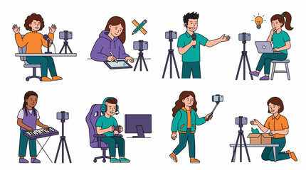 Fototapeta premium A collection of diverse people engaged in various online content creation activities, including vlogging, streaming, gaming, drawing, and unboxing, using smartphones on tripods.