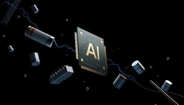 A I microchip with gold lettering and circuitry components floating on black background board