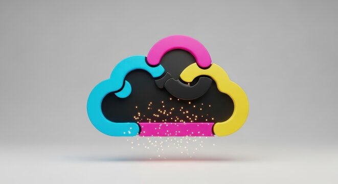 A colorful cloud shape rains down yellow particles on a pink platform in a gray studio.