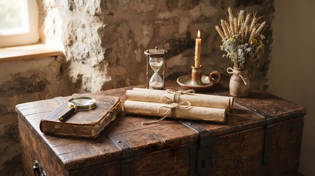 Vintage Antique Objects Arranged on an Old Wooden Chest in a Rustic Interior