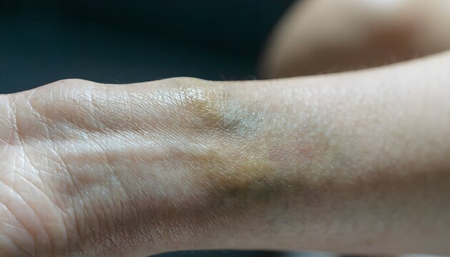 Forearm impact bruise in yellow-green healing stage. Ventral view close-up skin texture detail medical photography reference.