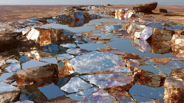 A dried Martian riverbed crafted from shattered mirrors reflecting the absence of water.