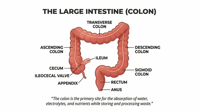 Detailed Anatomical Infographic of the Human Large Intestine and Colon Structure.