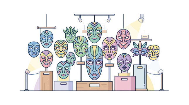 Tribal Masks Displayed in Museum Exhibit, Colorful Cultural Artifacts Collection