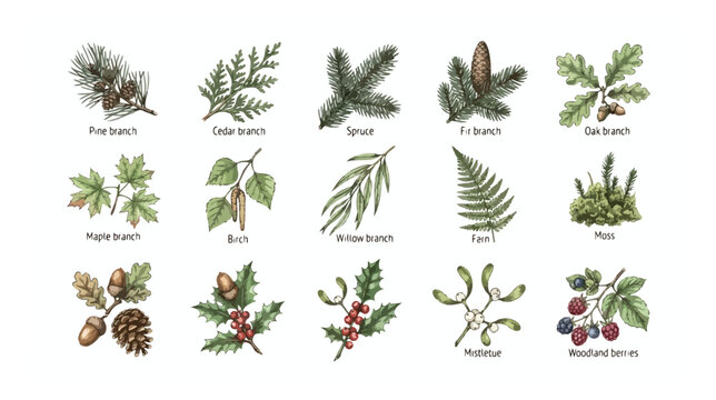 Vintage botanical tree branches and forest plants collection, 15 hand drawn woodland leaf and berry vector icons, antique nature illustrations