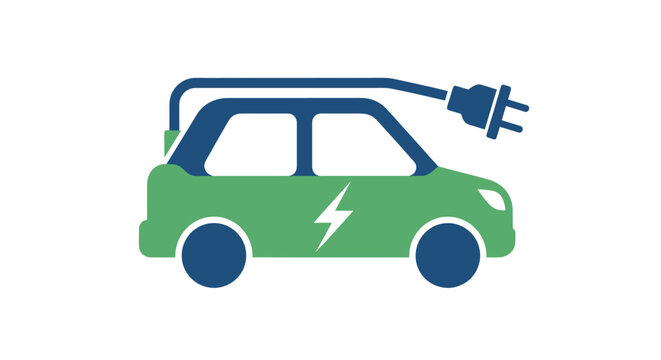 A green electric car with a blue charging cable plugged in, featuring a lightning bolt symbol on its side, against a white background.