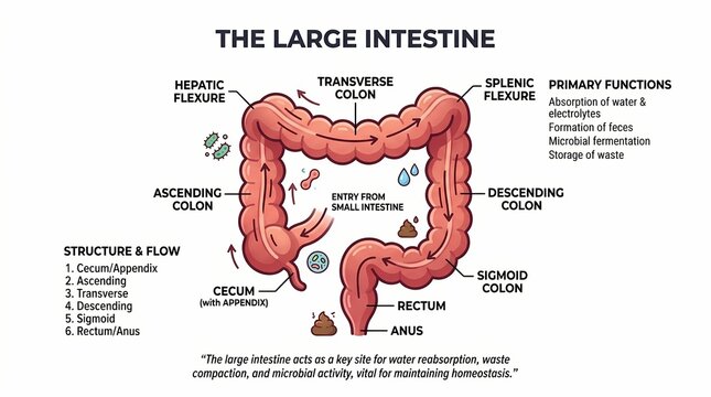 Medical Infographic Explaining Large Intestine Anatomy and Digestive Flow.