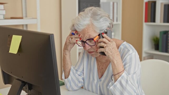 Elderly woman holds smartphone to ear and presses forehead with hand at desk with computer in building; concern technology help.