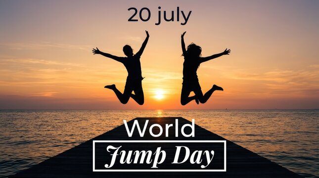 Two silhouettes of people jumping on a wooden pier by the ocean during a beautiful golden sunset