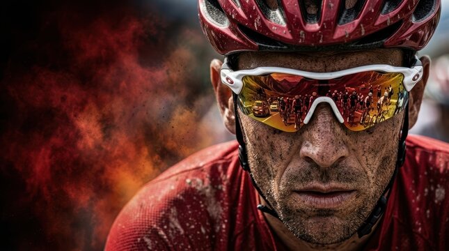 A close-up of a determined male cyclist wearing a red racing jersey, with mirrored sunglasses reflecting the intensity of a road cycling race ahead. Sweat, focused expression, and aerodynamic gear.