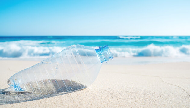 A powerful conceptual image of a single, discarded plastic water bottle half-buried