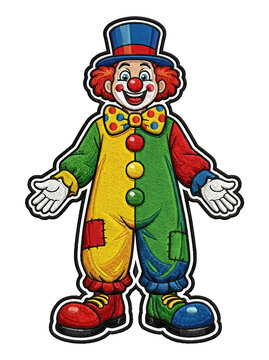 Embroidered patch of a cheerful clown character, standing pose with arms outstretched
