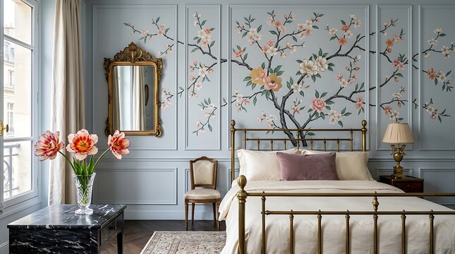 Elegant Parisian bedroom interior featuring floral wallpaper and a classic brass bed frame design