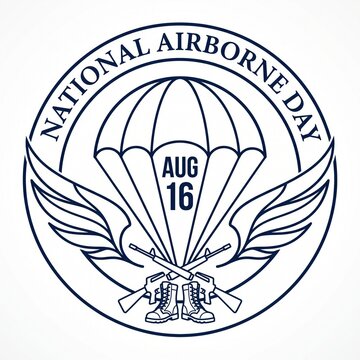Minimalist Vector Line-Art Emblem with Open Parachute, Wings, Boots, and Rifle for National Airborne Day Merchandise

