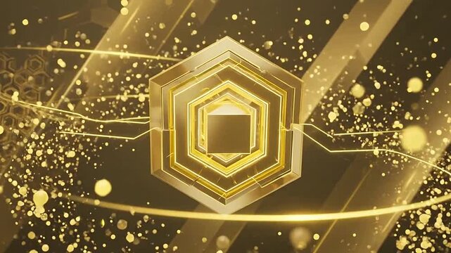 A glowing golden geometric cube floats in a dark abstract space