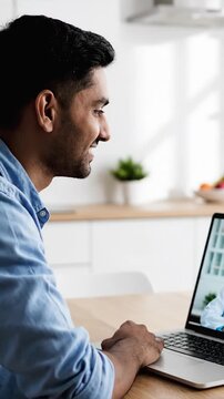Man at kitchen table consulting doctor on laptop for remote health advice, smiling and nodding while taking notes, female physician visible on screen, bright modern kitchen background