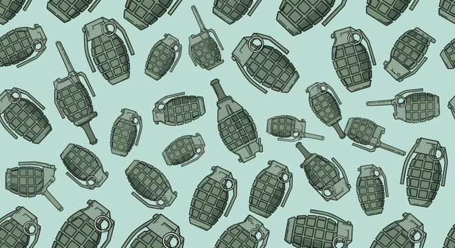 Seamless pattern featuring various types of hand grenades and explosive devices scattered across a light blue background.