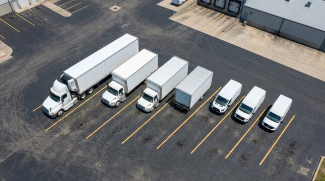 A fleet of various sizes of white trucks parked in a neat row at a warehouse. Logistical freight transport services.