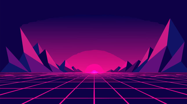 Neon cyber grid receding to radiant magenta horizon between low poly mountain silhouettes, retro futuristic synthwave virtual landscape vector background for technology, gaming posters and digital art
