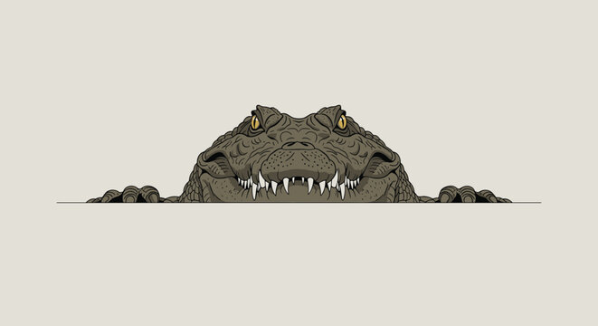 Menacing crocodile head with yellow eyes and sharp teeth peeking out over a horizontal line against a neutral background.